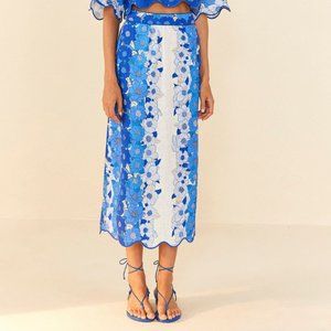 Brand NWT Farm Rio Linen Floral Stripes Midi Skirt A Line Size M White Blue